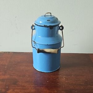 Vintage Hungarian Budafok Blue Enamelwear Cream, Milk Jug Pail 1L Distressed
